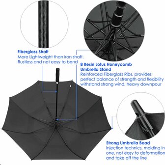 Beefree paraplu XL - 100% glasvezel frame - windproof - zwart &Oslash; 125cm
