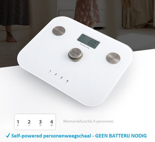 Beepower personenweegschaal | self powered | Geen batterij nodig | Met lichaamsanalyse functie | zwart
