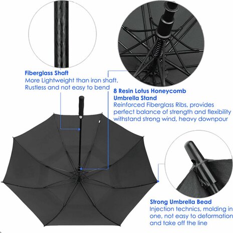 Beefree paraplu XL - 100% glasvezel frame - windproof - zwart Ø 125cm